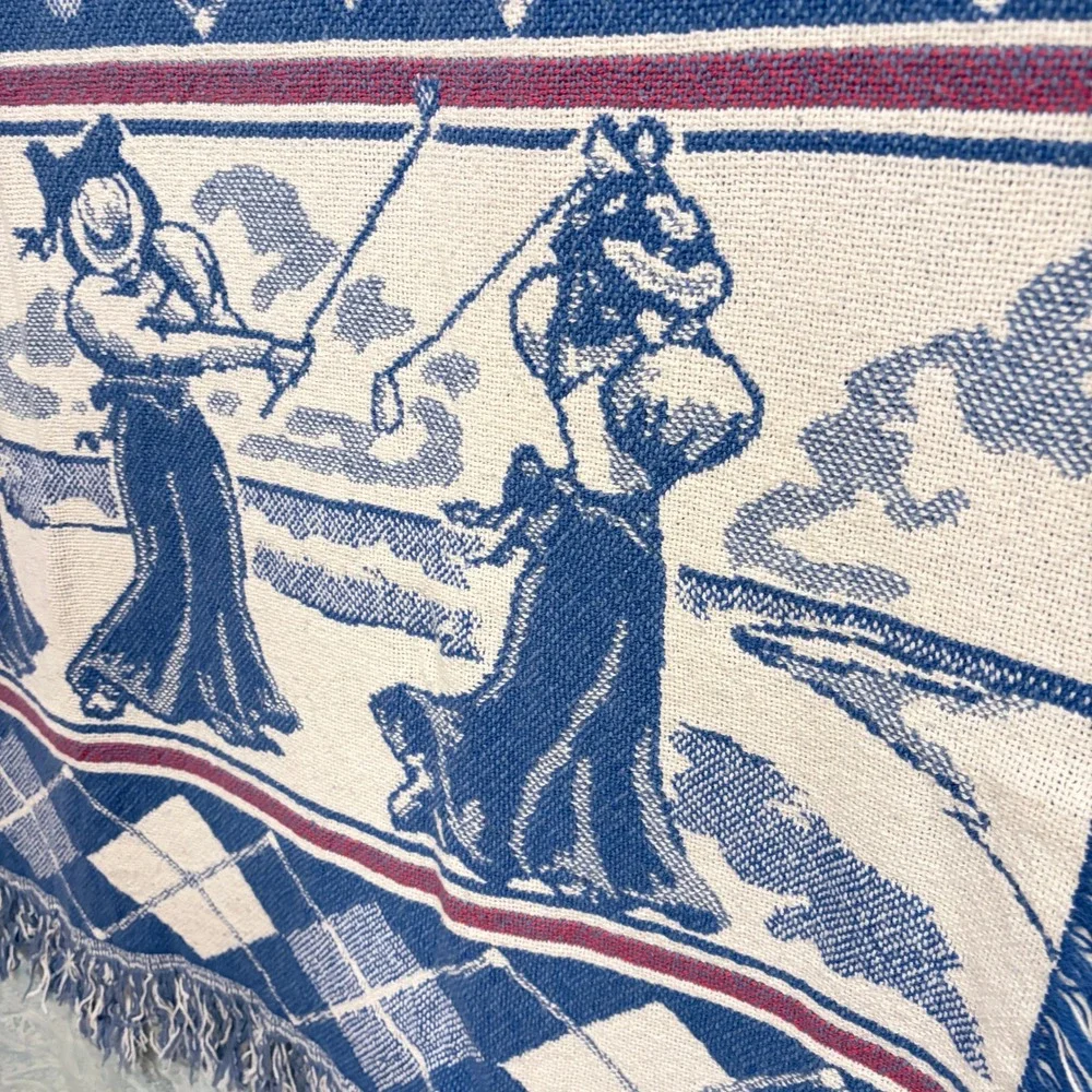 Vintage Cotton Tapestry Throw Blanket Golfing Women Argyle Fringe Blue White Red